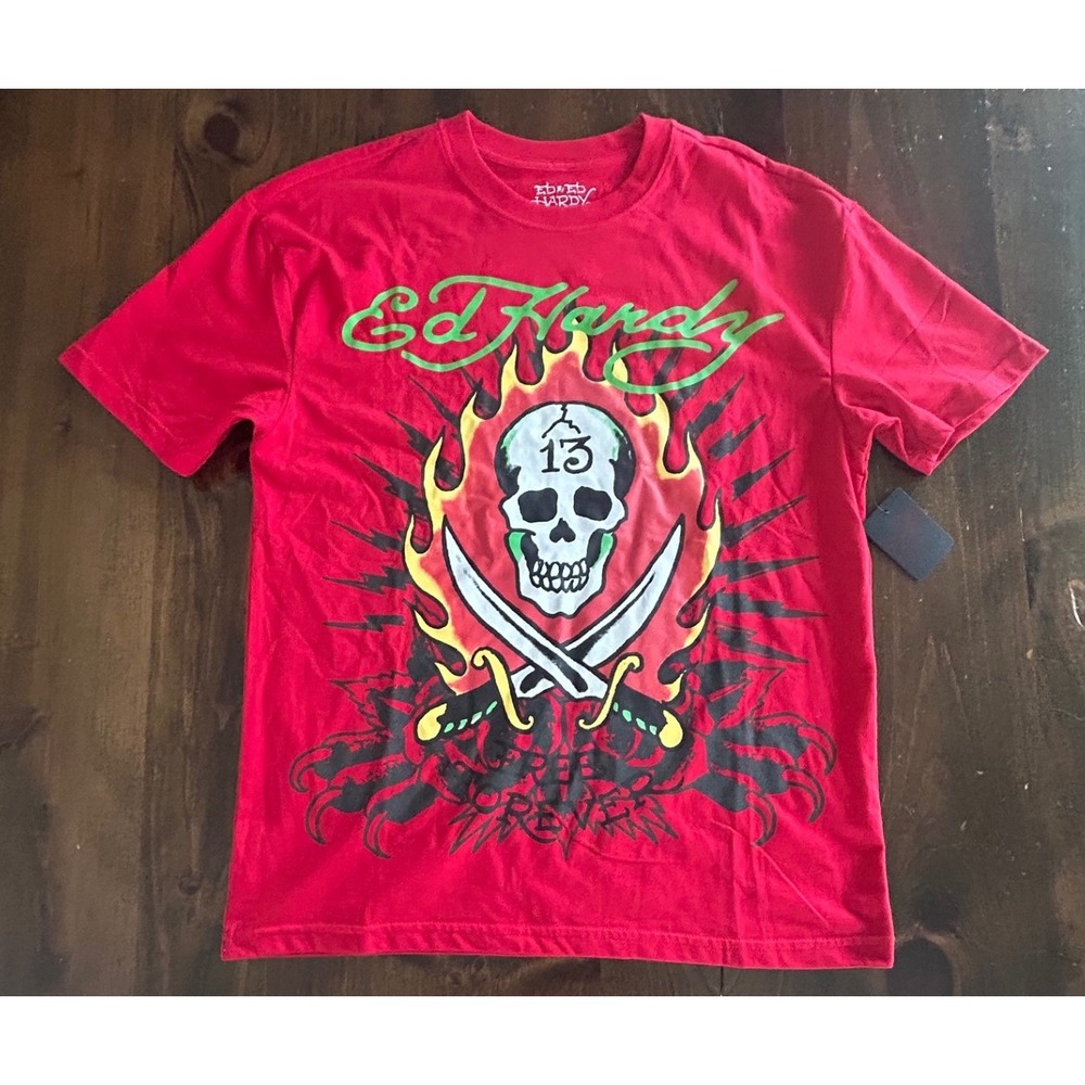 Ed Hardy Skull 13 Graphic T-Shirt Small Red Tattoo Art Y2K 90s Streetwear Grunge